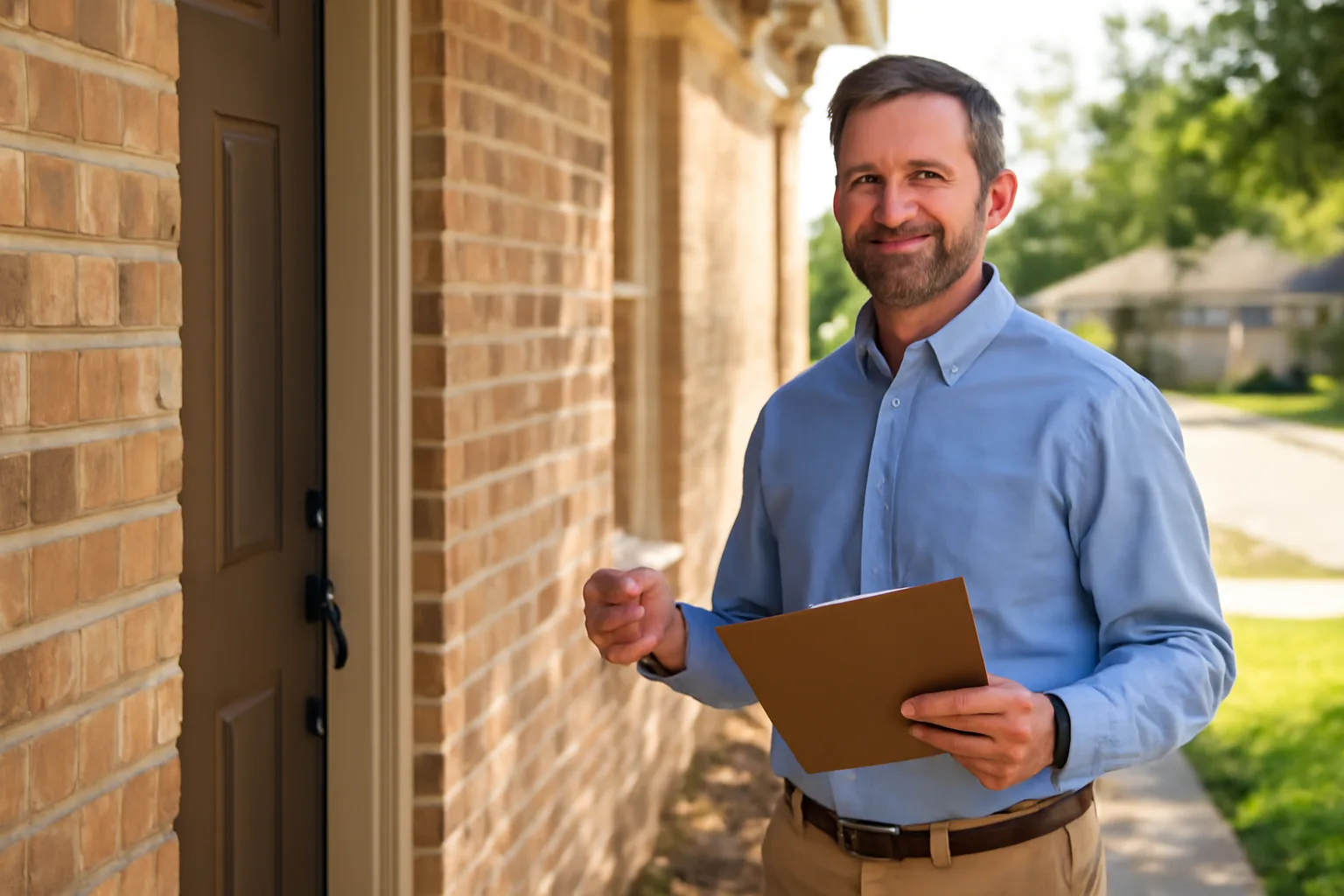 Landlord standing at the door of a Texas rental home before an entry inspection