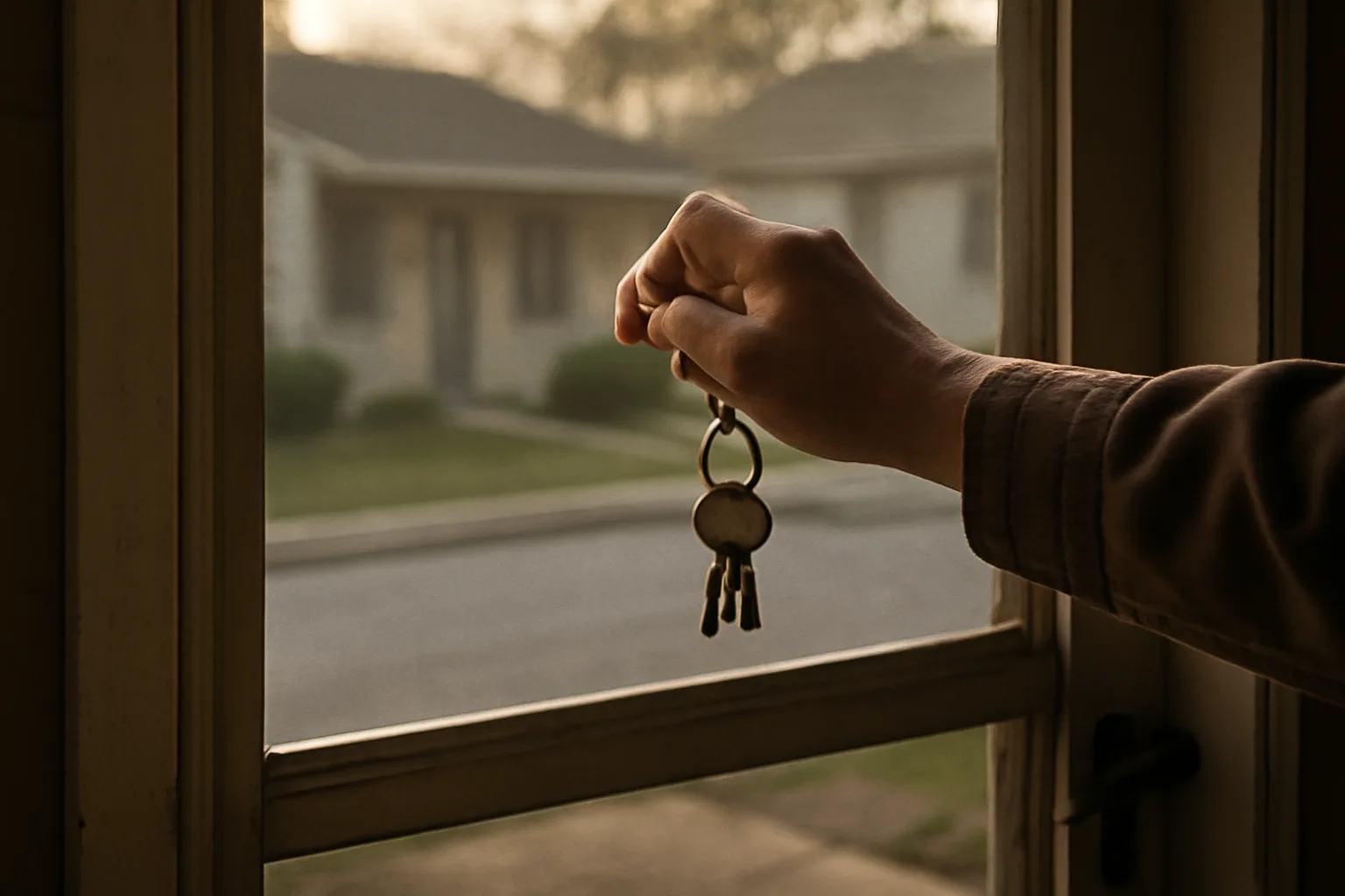 Landlord knocking on a rental door in soft morning light before entering