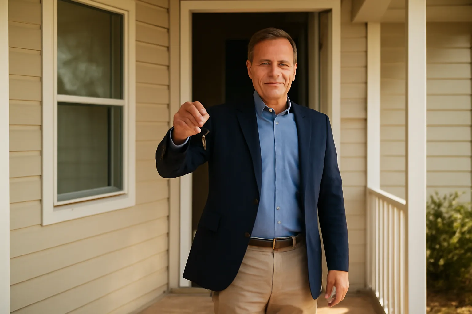 Landlord standing at open front door of a Texas rental house during daytime