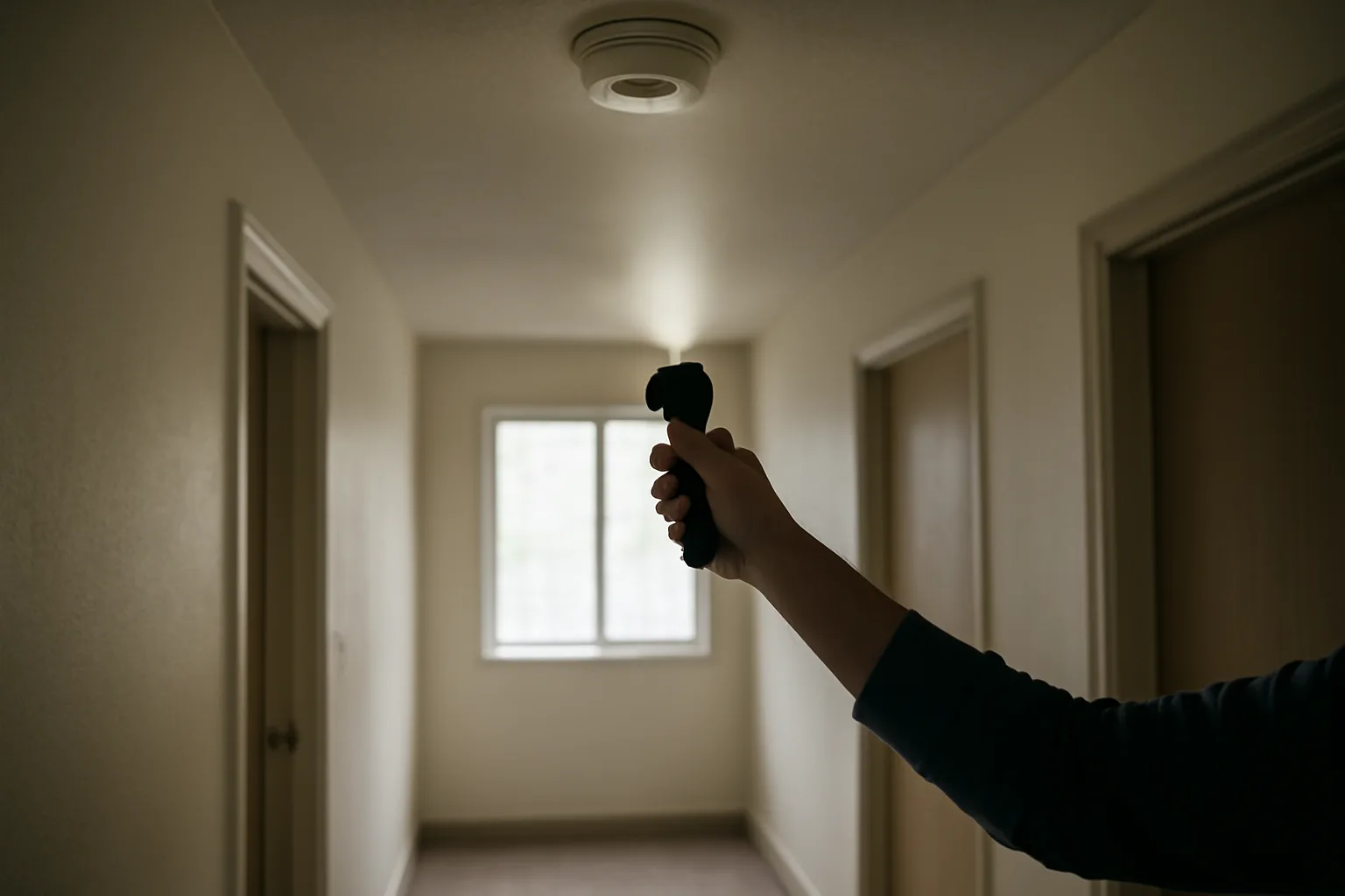 Inspector checking a smoke detector during a rental unit inspection walkthrough