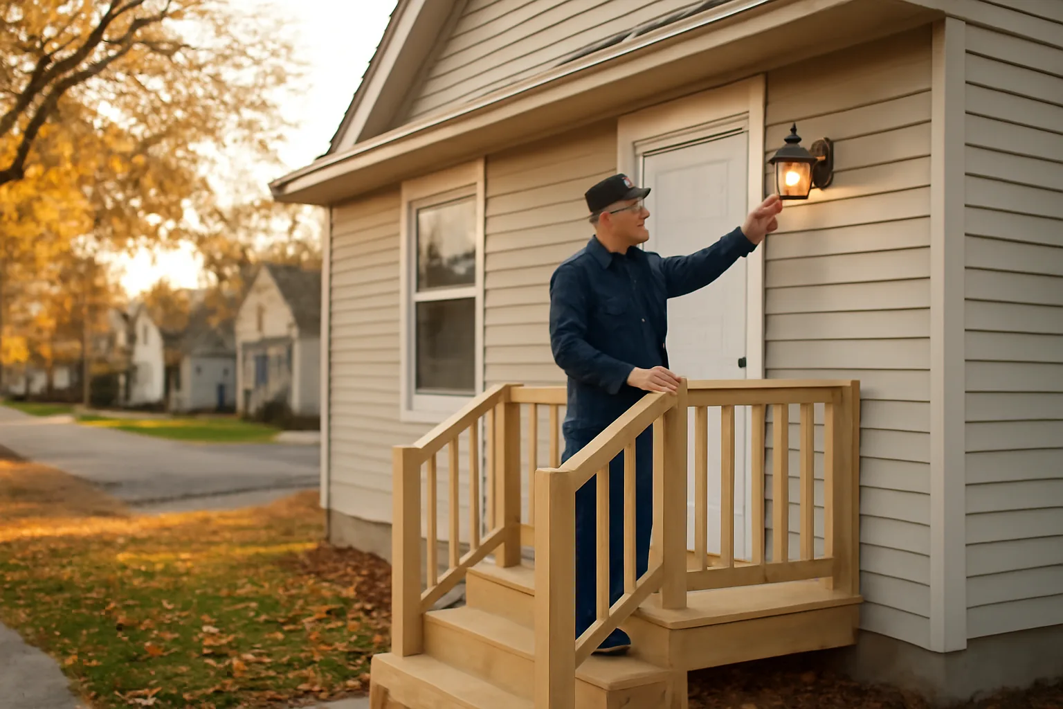 Landlord inspecting porch railing outside a single-family rental home