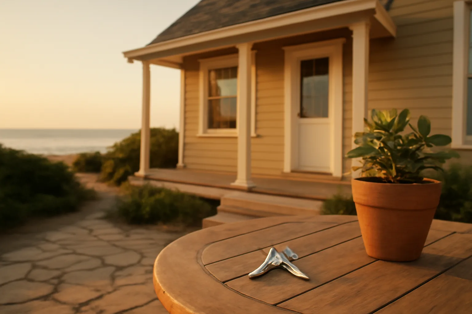 Small vacation rental cottage exterior with keys on an outdoor table