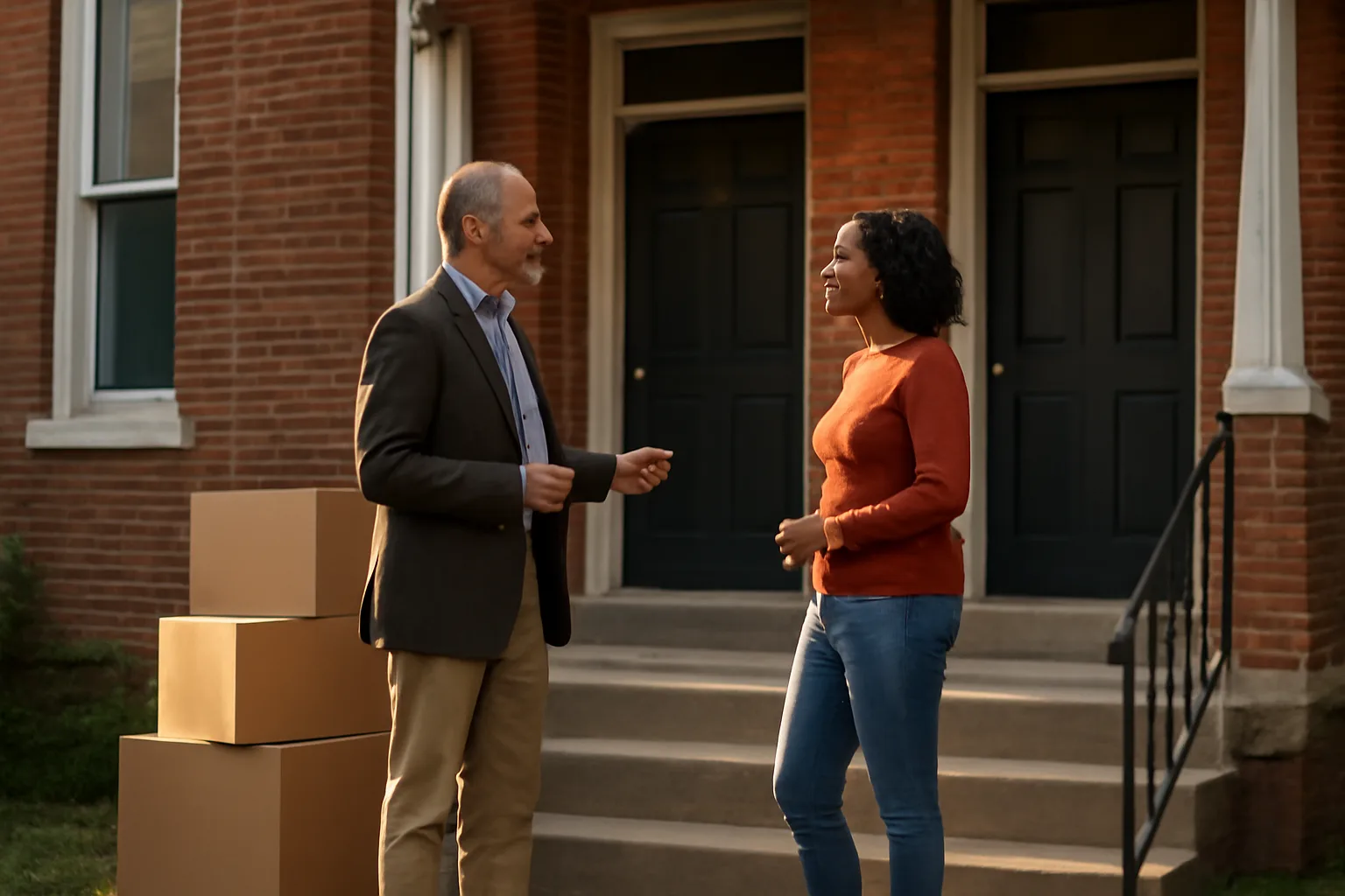 Landlord and tenant discussing a Virginia rental agreement outside a brick duplex