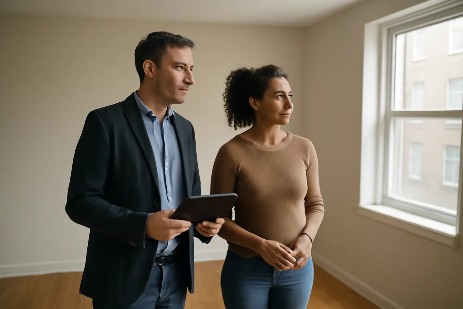 Landlord and tenant reviewing an empty rental unit during a move-in walk-through