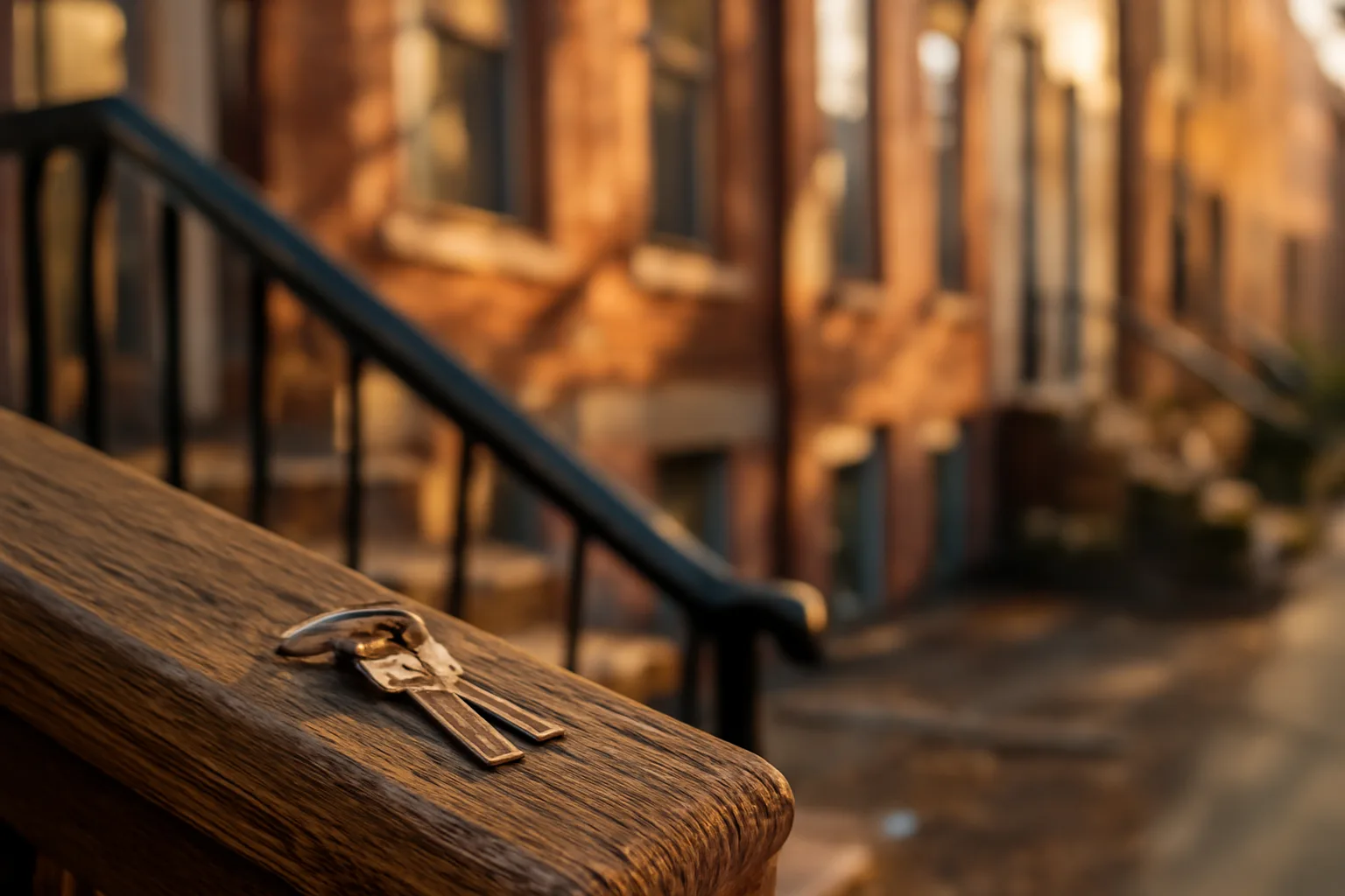 Keys resting on a DC rowhouse porch railing during a rental application handoff
