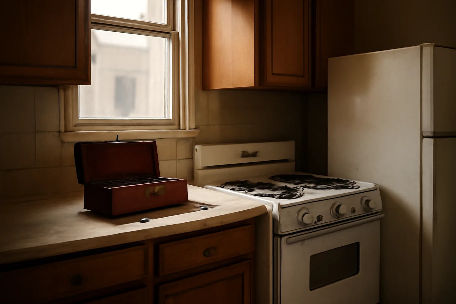 Landlord repairing a stove in a rental apartment kitchen with toolbox open