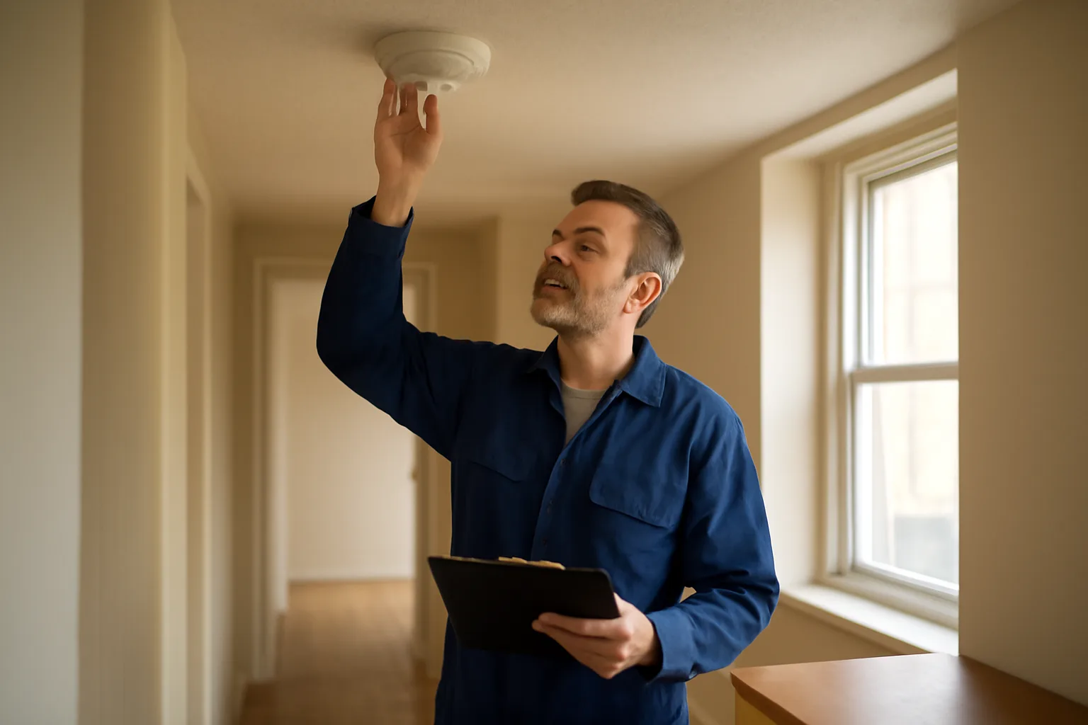 Landlord checking a smoke detector during a rental unit inspection
