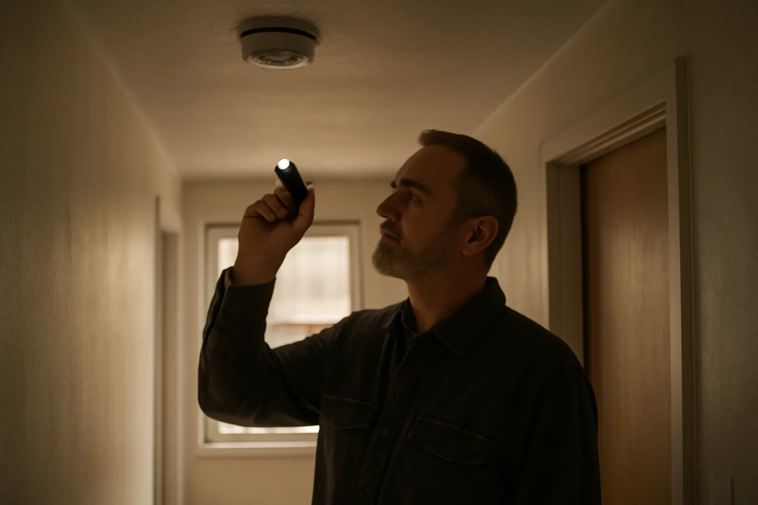 Landlord checking a smoke detector on the ceiling during a rental unit inspection