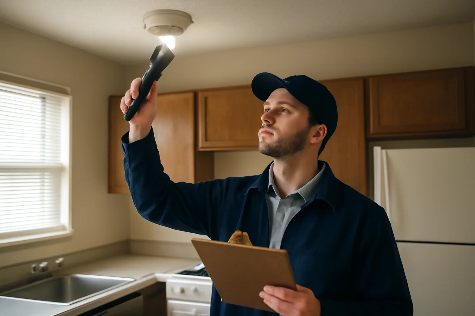 Inspector checking a ceiling smoke alarm during an apartment rental inspection