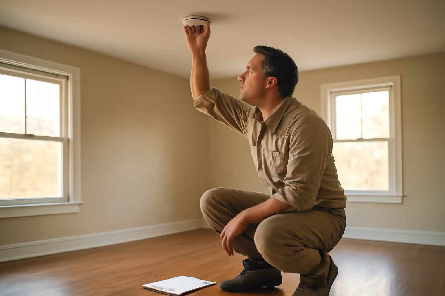 Landlord inspecting a smoke detector during a rental unit walk through