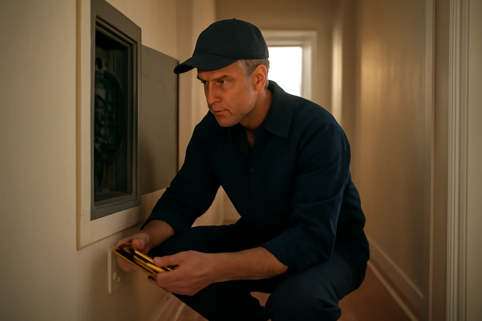 Landlord checking electrical outlets during a rental unit inspection