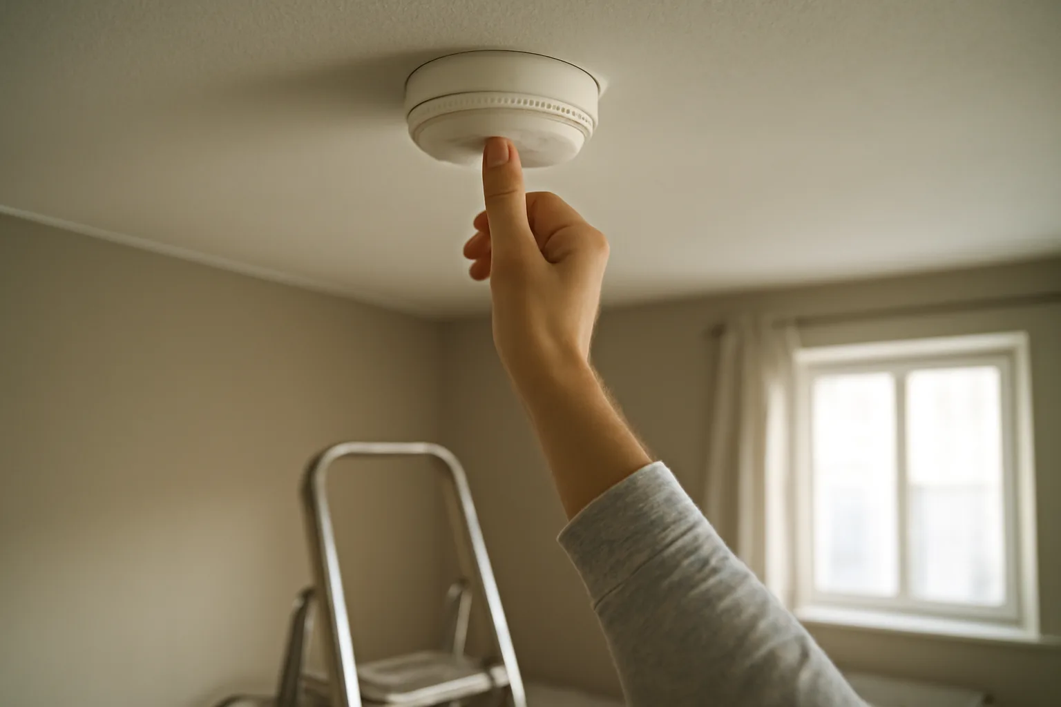 Landlord testing a smoke alarm during an annual apartment inspection walkthrough