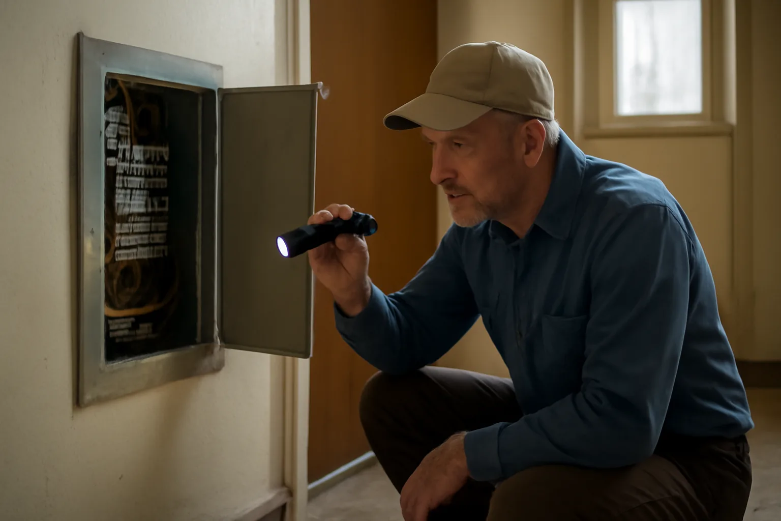 Landlord inspecting an electrical panel in an apartment hallway during a rental inspection