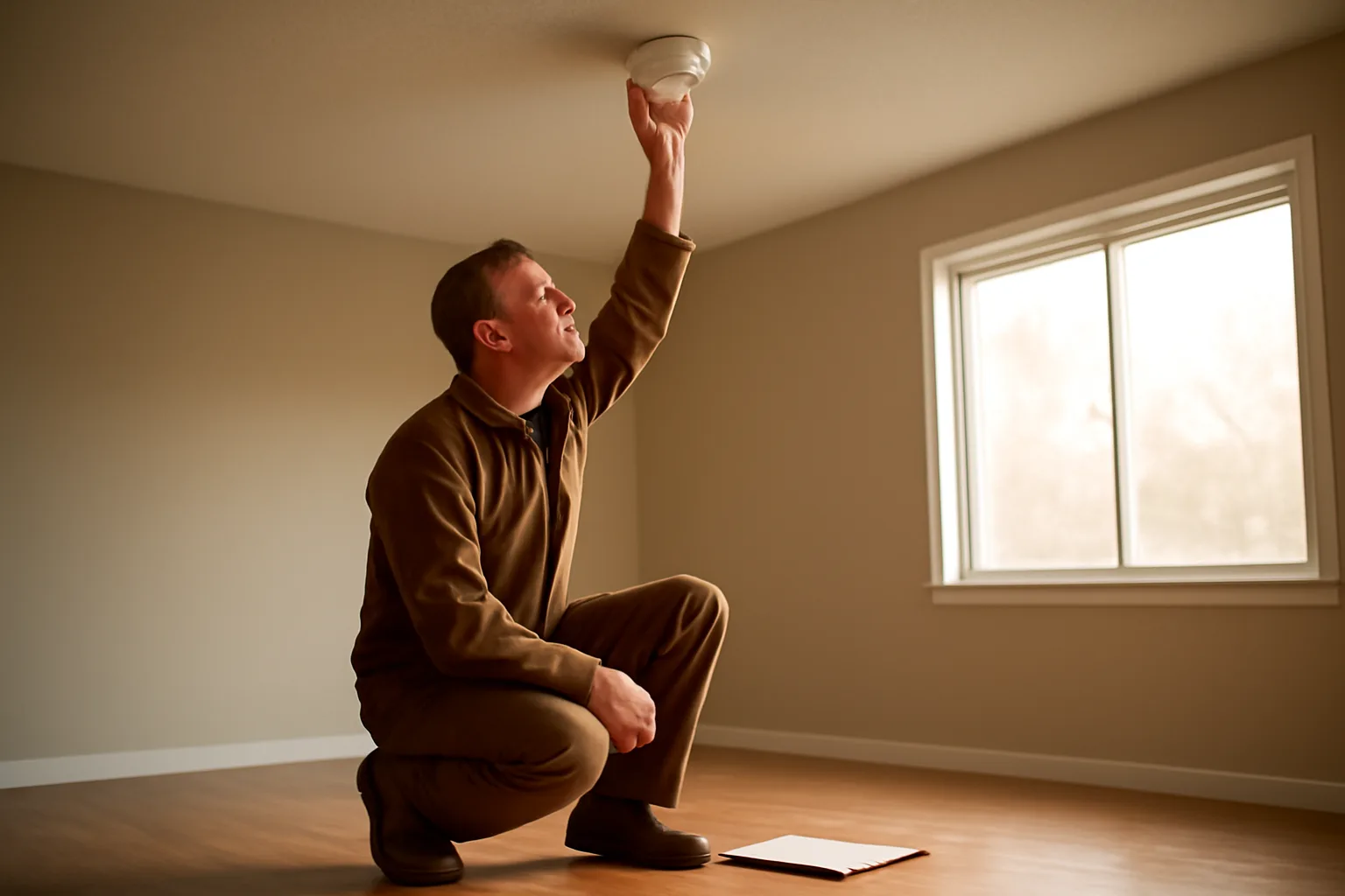 Landlord testing a smoke alarm during a rental unit inspection