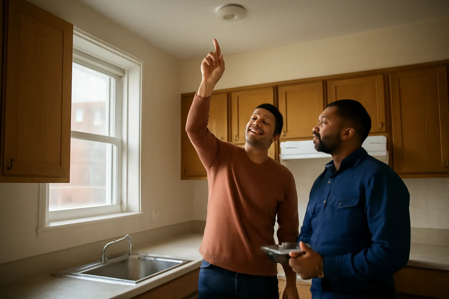 Landlord and inspector checking a smoke detector during a rental unit walk-through