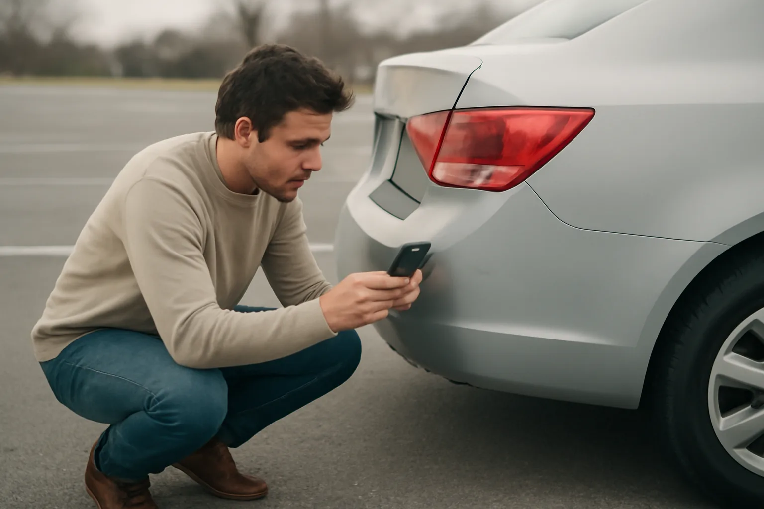 Person photographing bumper damage during a pre-rental car inspection in a parking lot