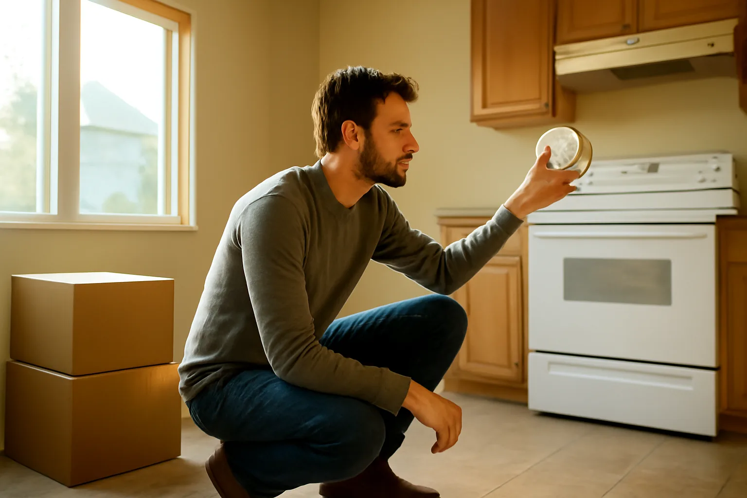 Person testing a smoke detector while touring an empty rental house before signing a lease