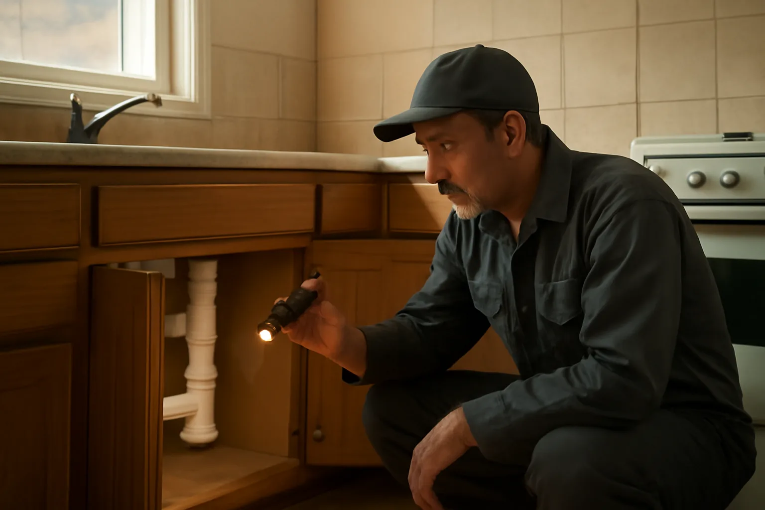 Landlord using a flashlight to inspect pipes under a kitchen sink during a rental unit walkthrough