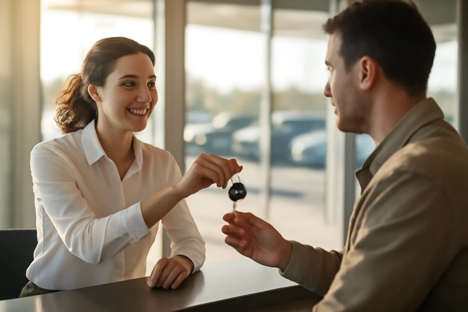 Rental car agent handing keys to a customer at an airport counter
