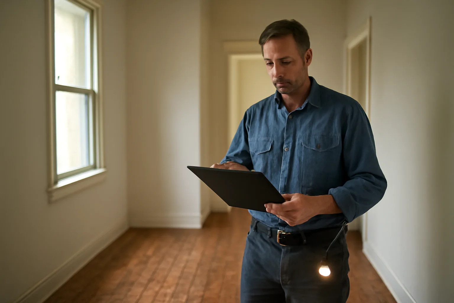 Landlord reviewing an empty rental unit during a home inspection walkthrough