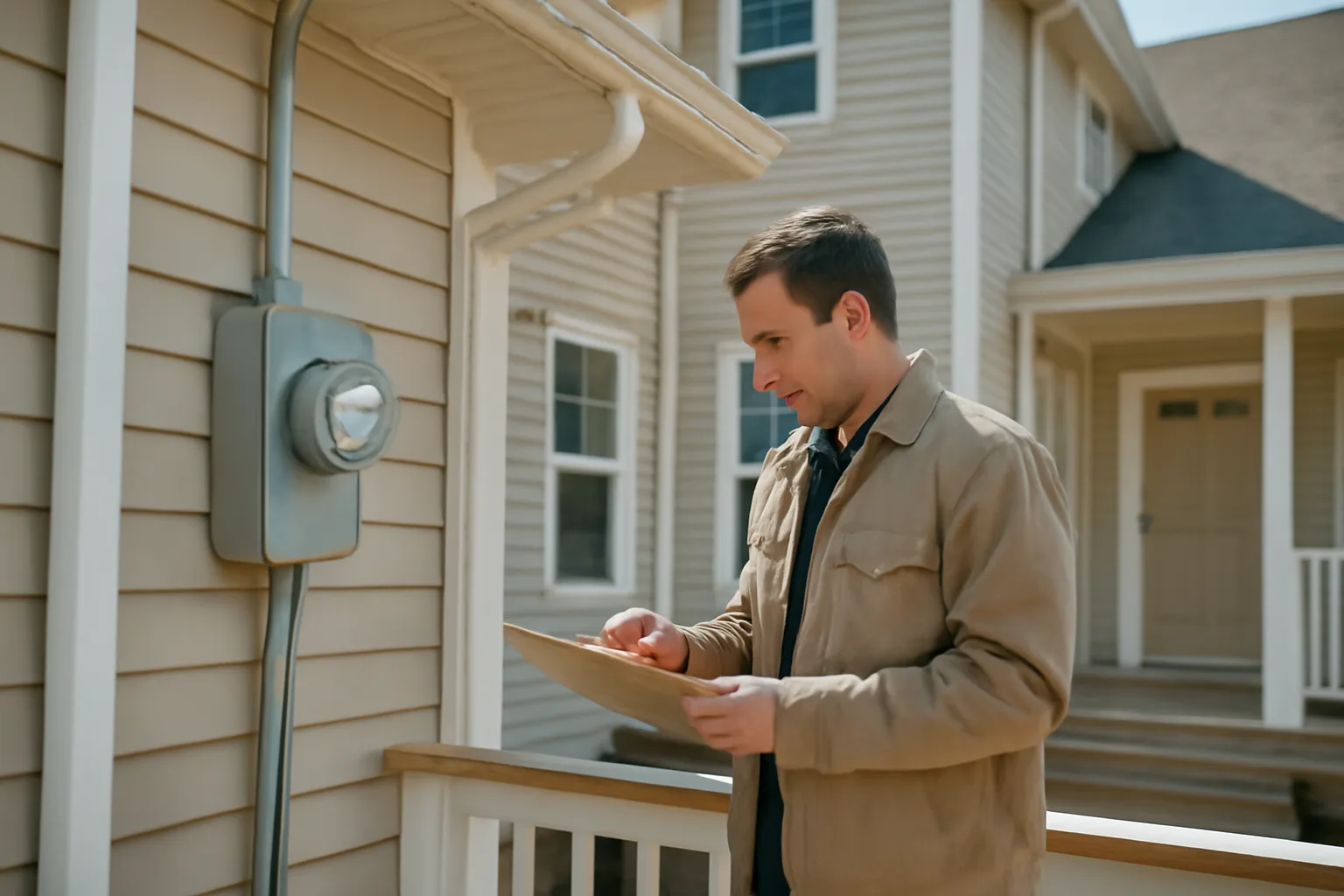 Inspector examining an apartment building's exterior electrical panel during a walkthrough
