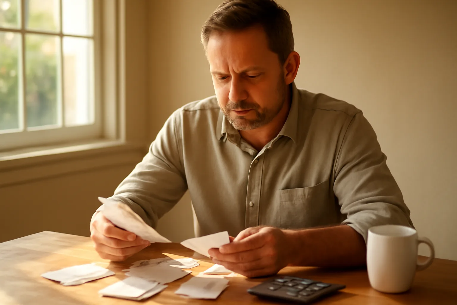 Landlord organizing receipts and calculator to track rental inspection fee deductions