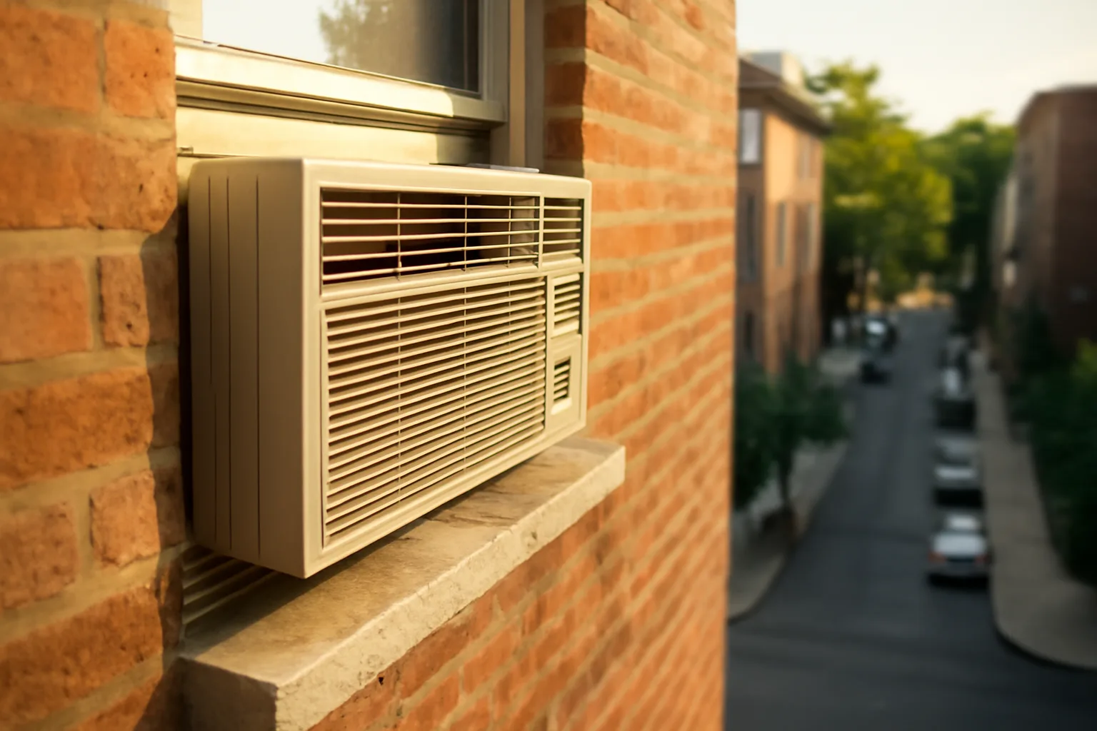 Window air conditioning unit mounted in an older apartment building during summer afternoon