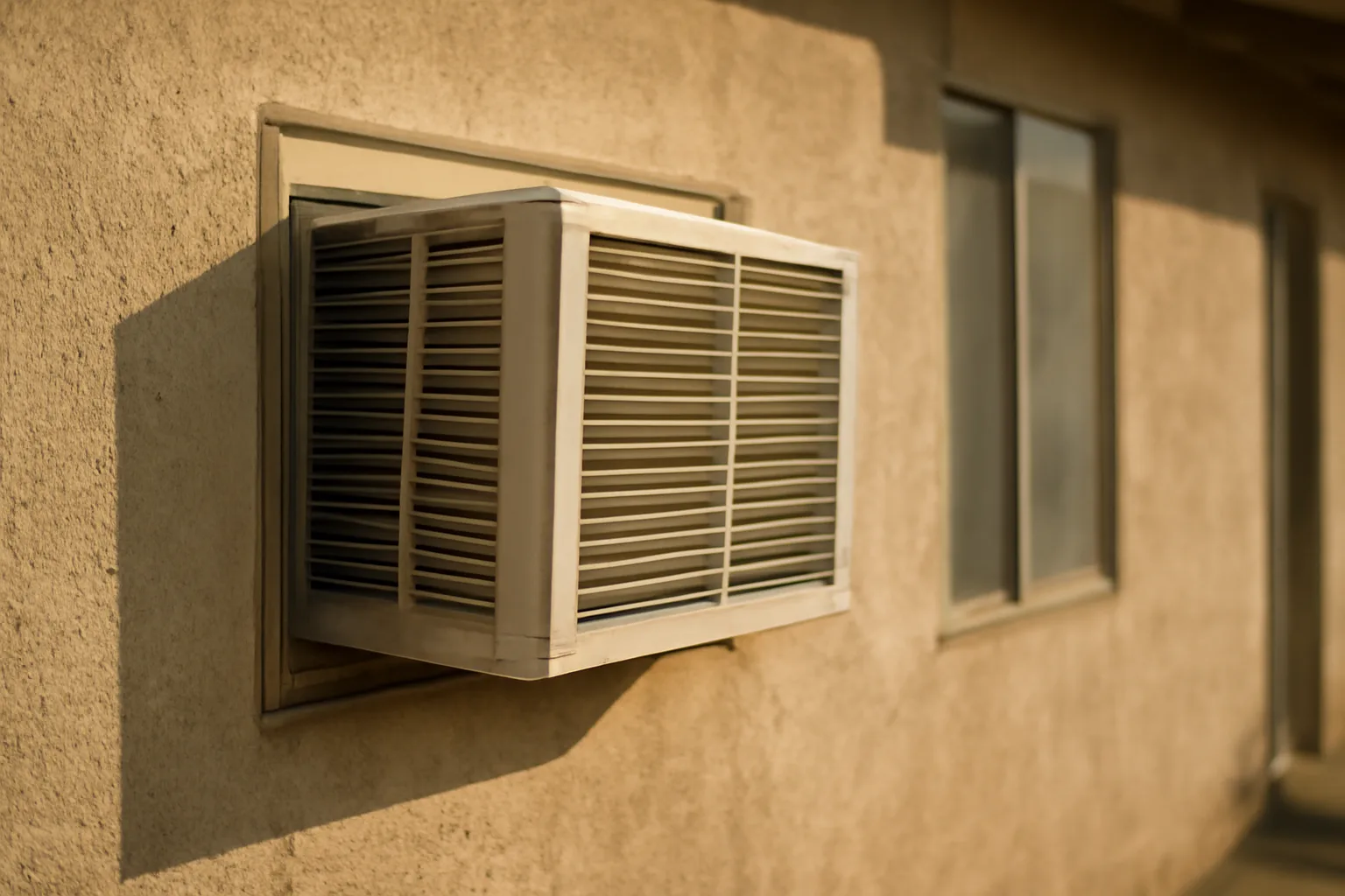 Window air conditioning unit installed on a California apartment building exterior
