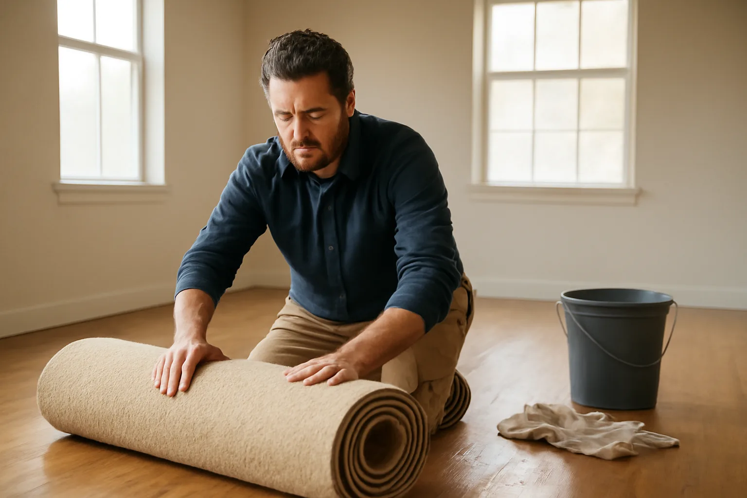 Landlord inspecting carpet condition in an empty rental unit before a tenant moves in