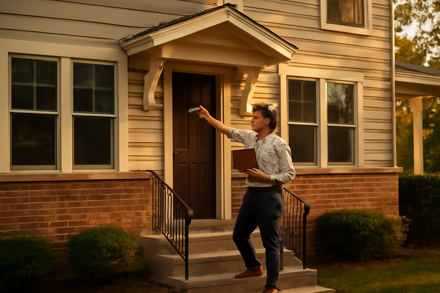 Landlord checking a smoke detector on a rental duplex porch at dusk