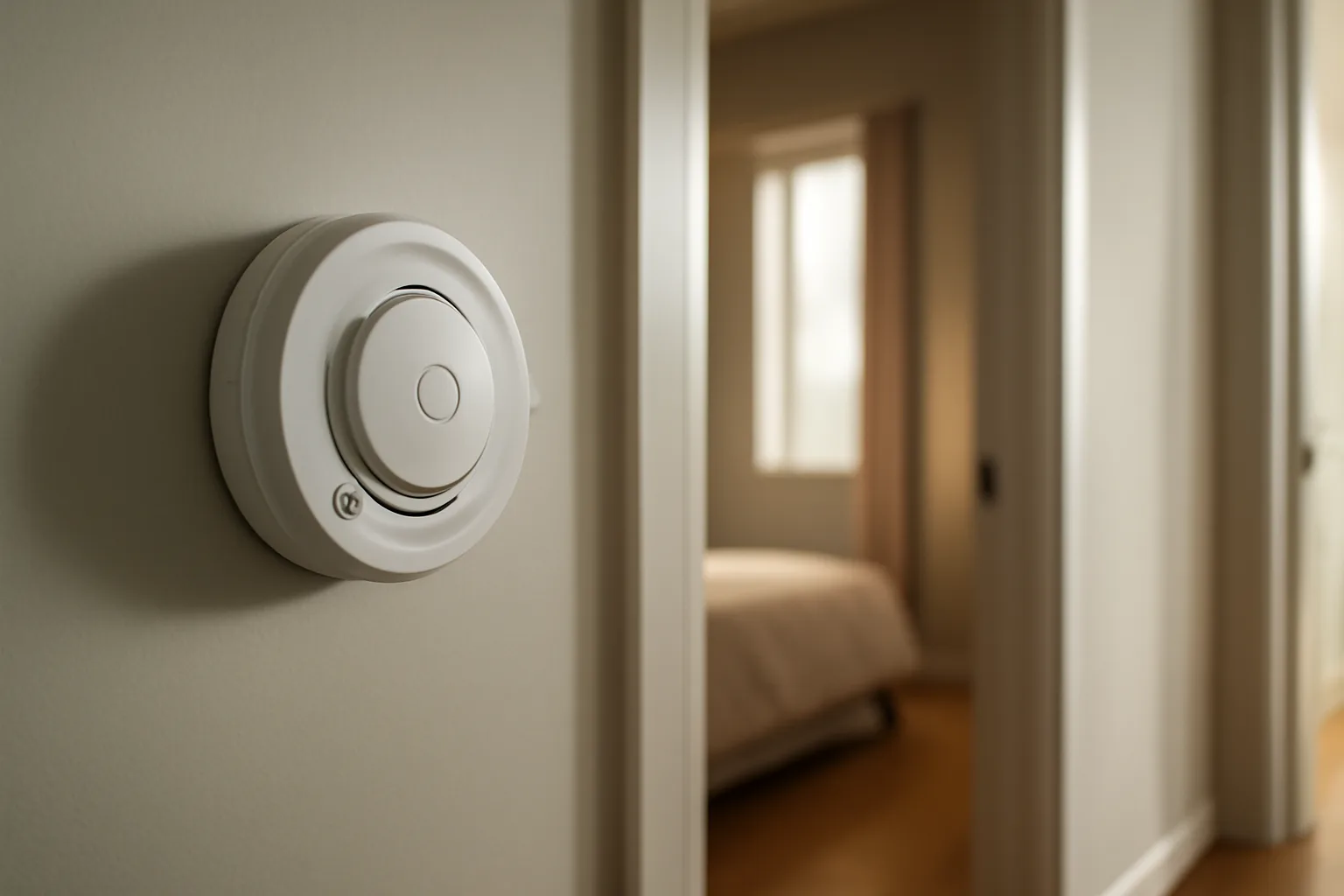 Combination carbon monoxide and smoke detector mounted on a hallway wall outside a bedroom