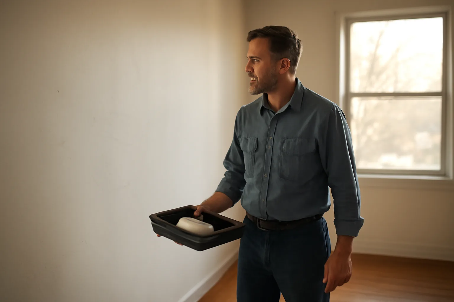 Landlord inspecting scuffed wall paint in an empty rental unit before repainting