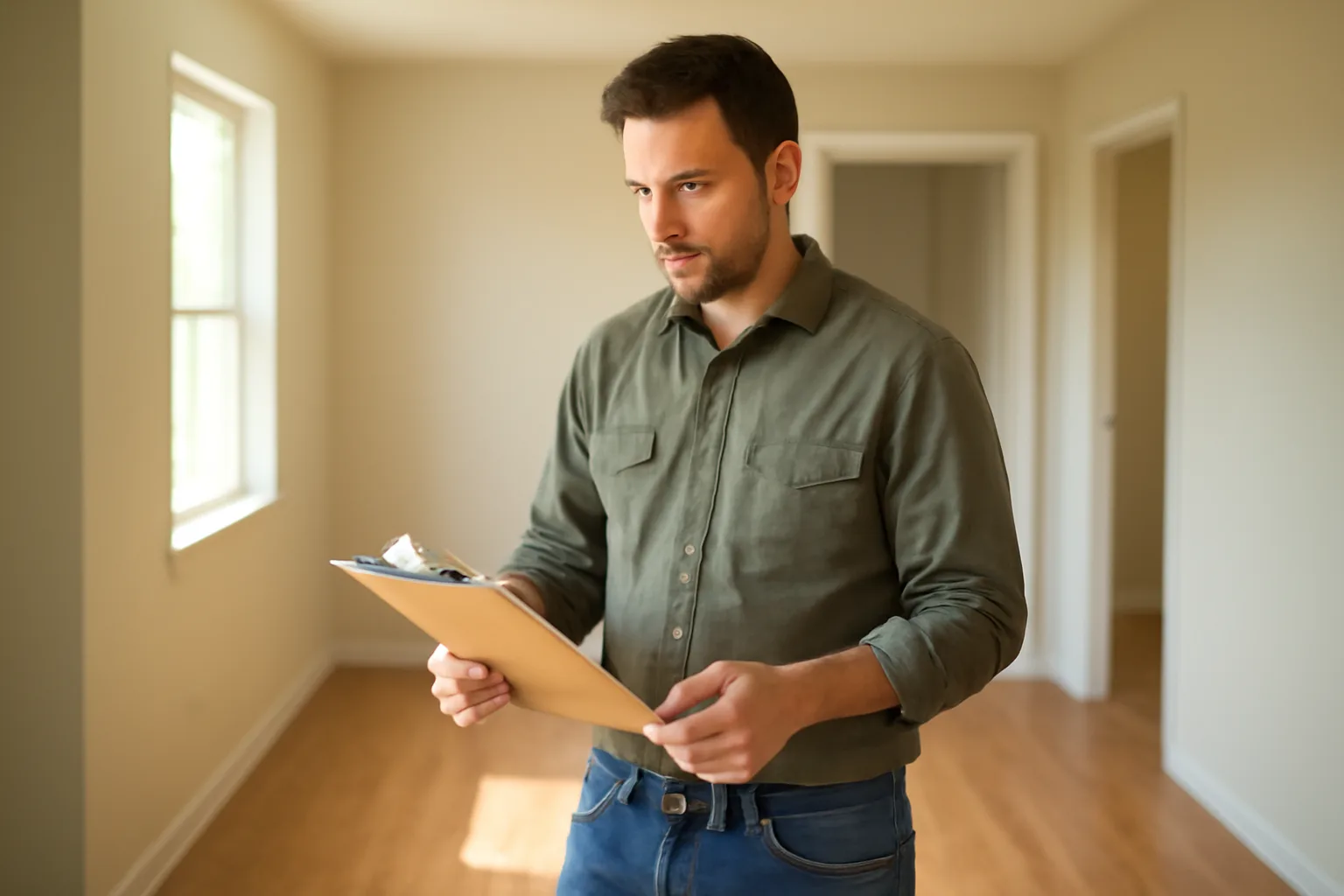 Landlord standing in empty rental unit hallway holding a clipboard and keys