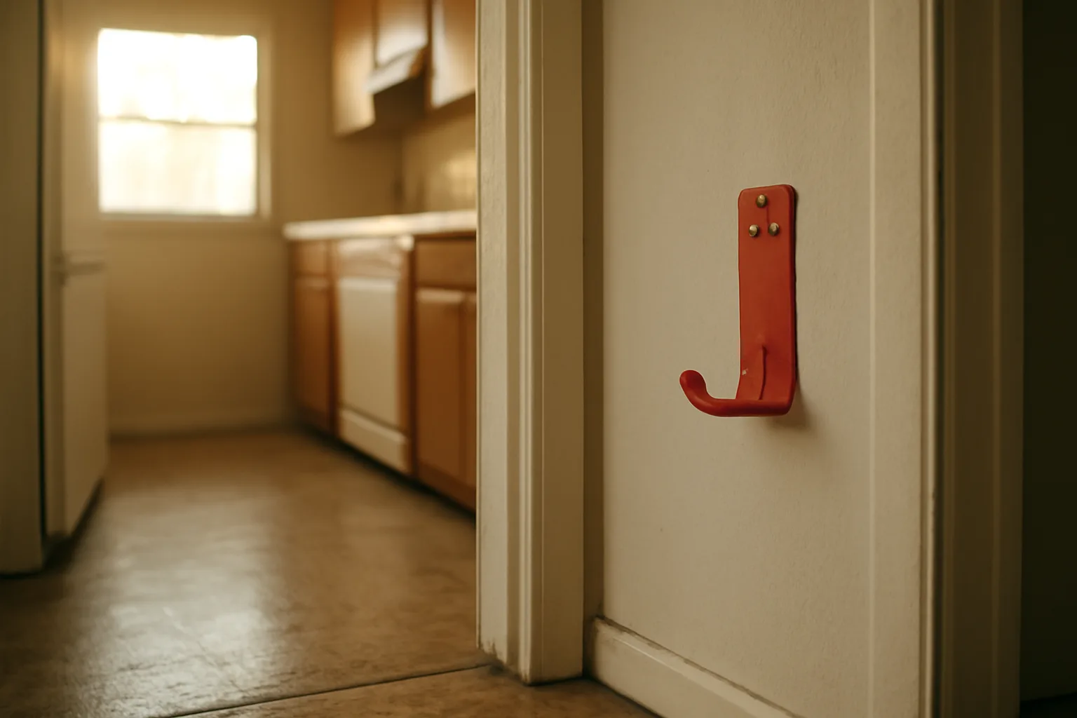 Wall-mounted fire extinguisher near a rental apartment kitchen doorway
