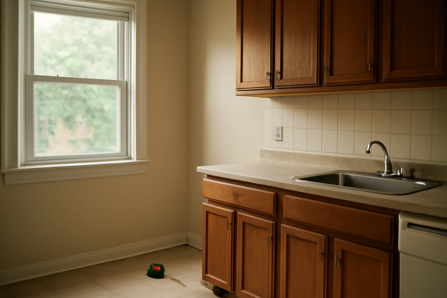Empty apartment kitchen space showing gas hookup where a stove would be installed