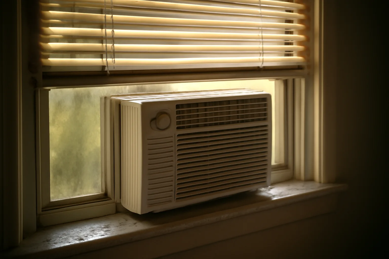 Window air conditioning unit in a Florida rental apartment window during humid afternoon