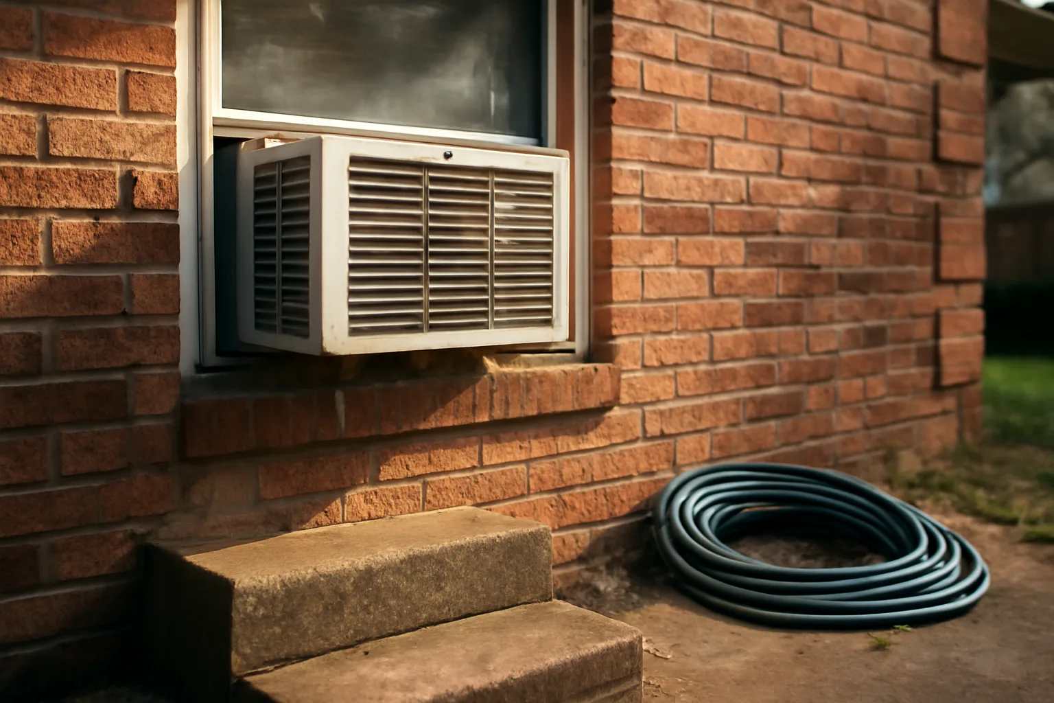 Window air conditioning unit mounted on a Texas rental duplex in summer light