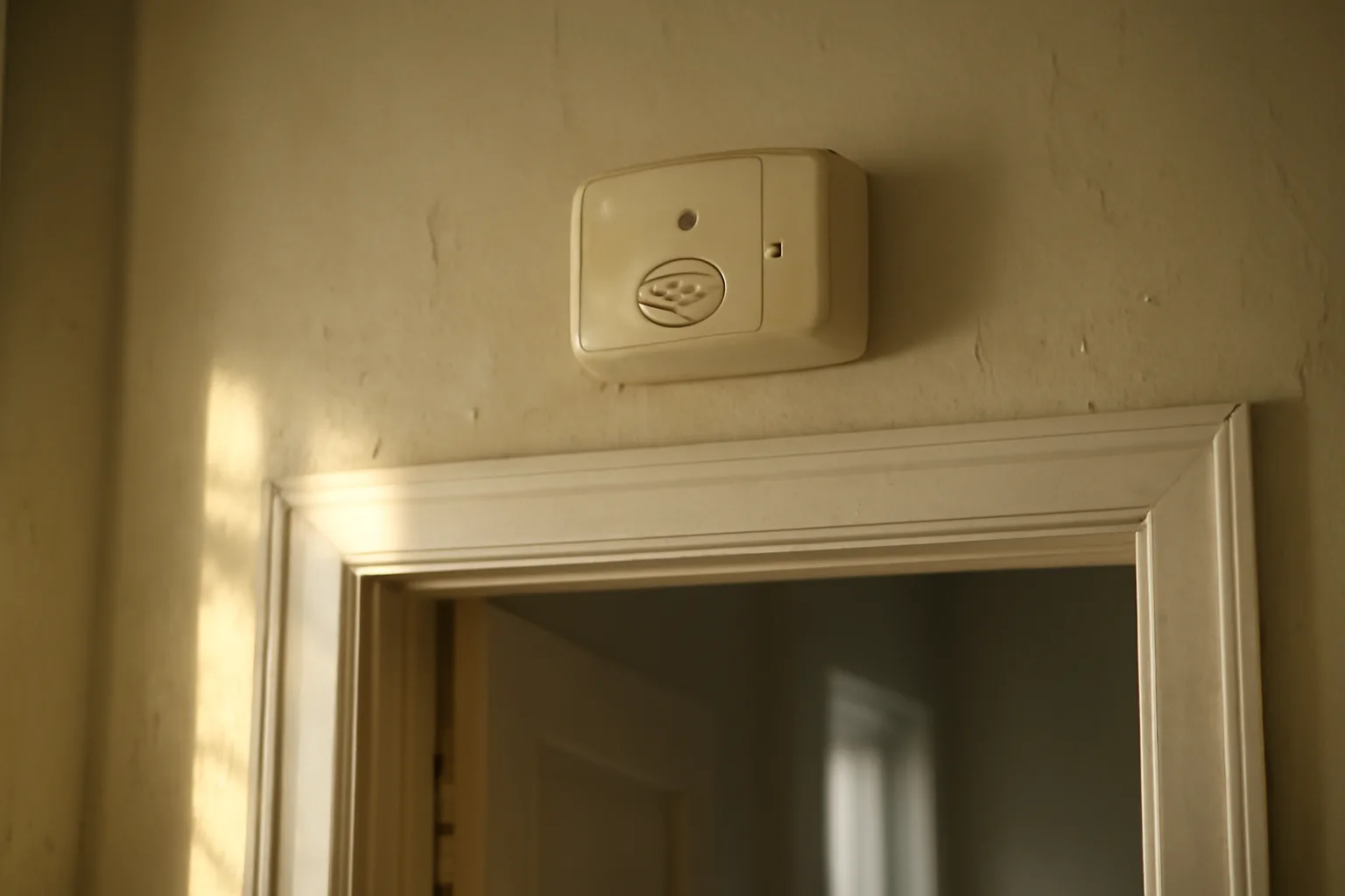 Carbon monoxide detector mounted on a wall near a rental apartment bedroom door