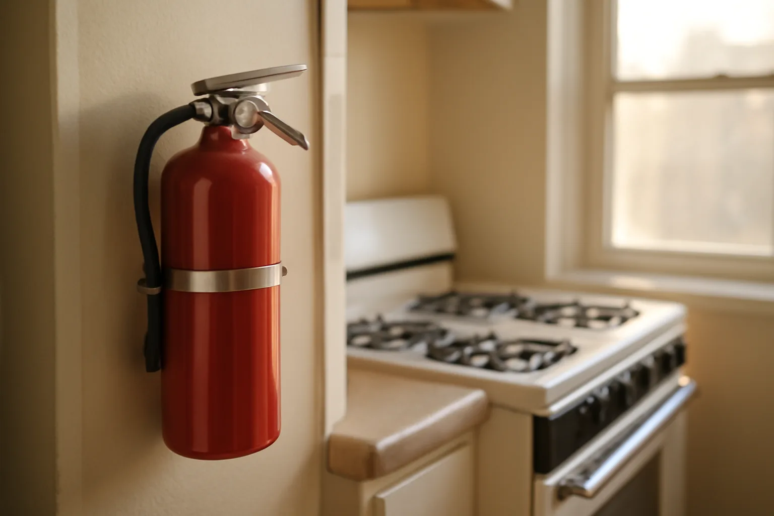 Fire extinguisher mounted on a kitchen wall in a rental apartment