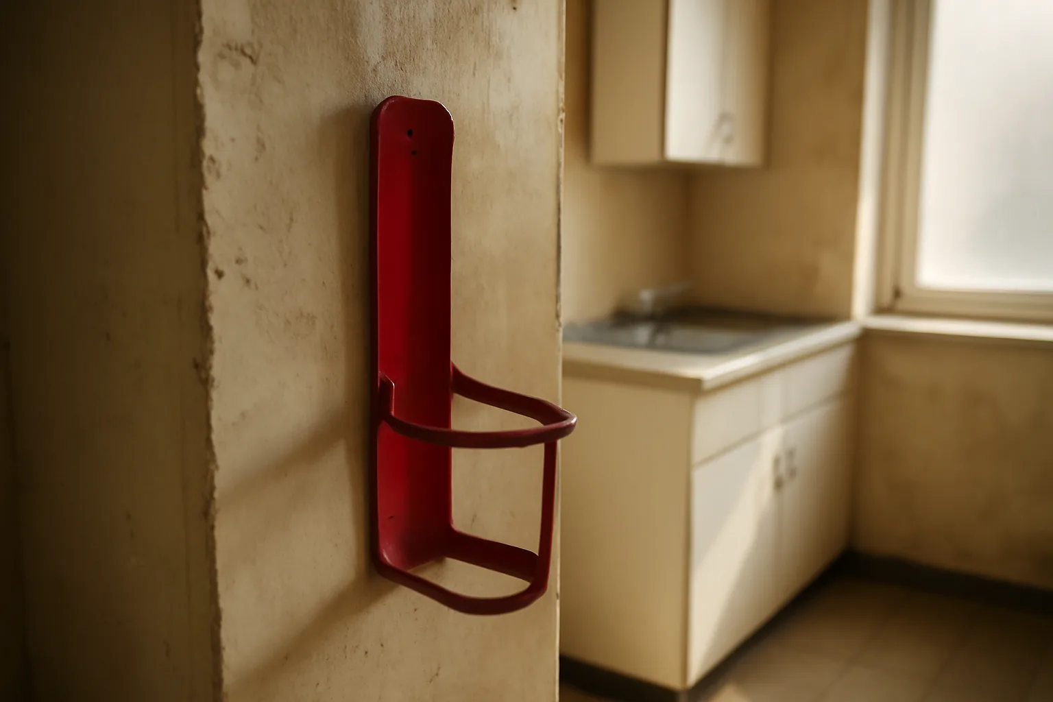 Wall-mounted fire extinguisher bracket in an Illinois rental apartment hallway