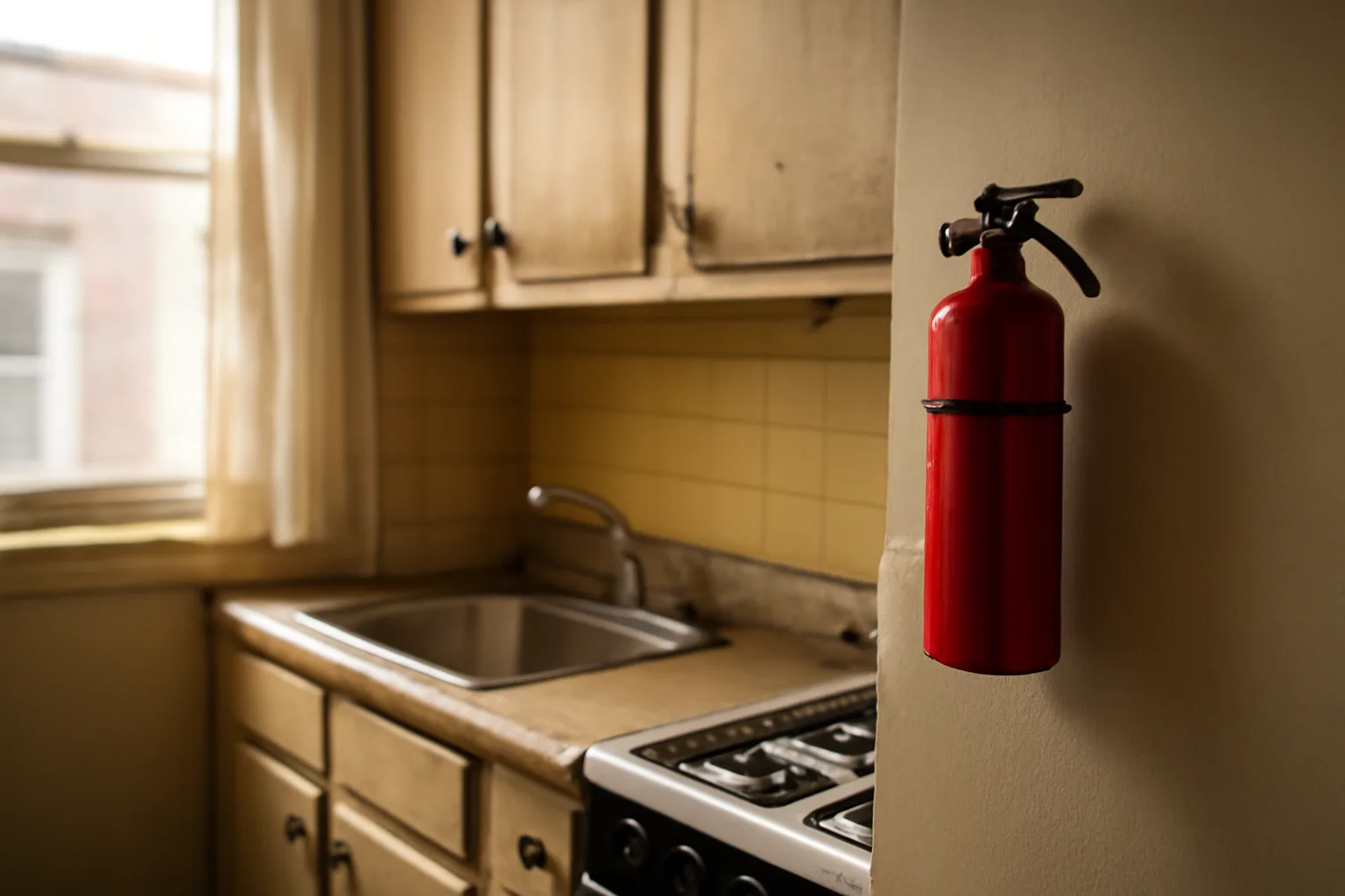 Fire extinguisher mounted on a kitchen wall in a North Carolina rental unit