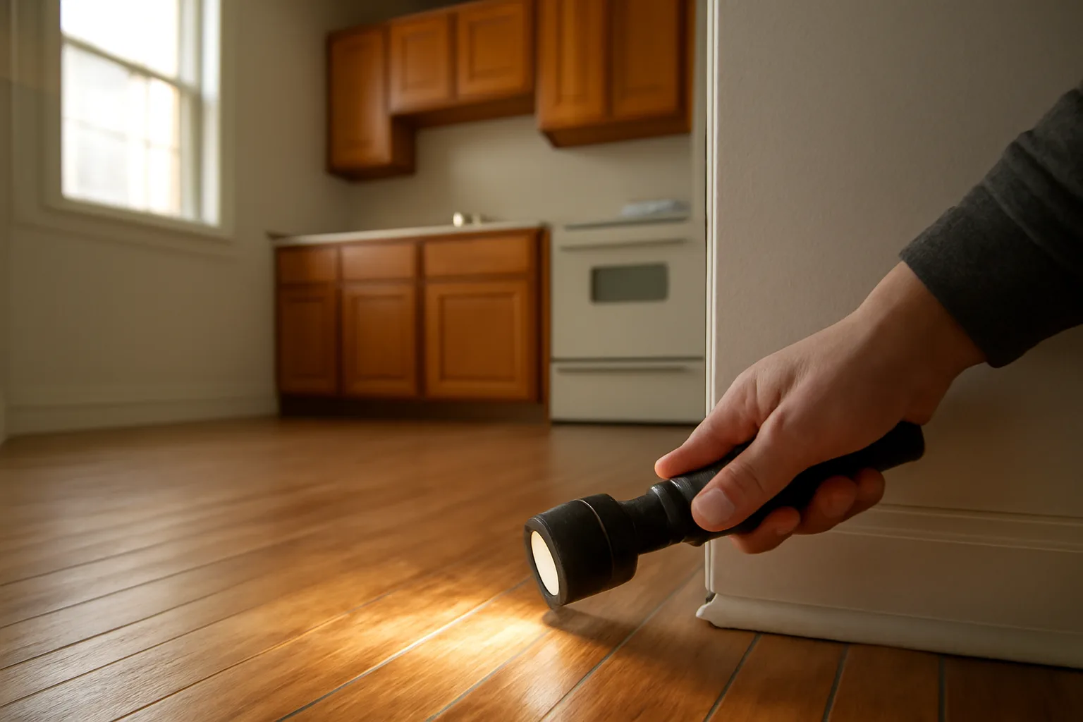 Landlord inspecting baseboards with a flashlight during a rental unit pest check