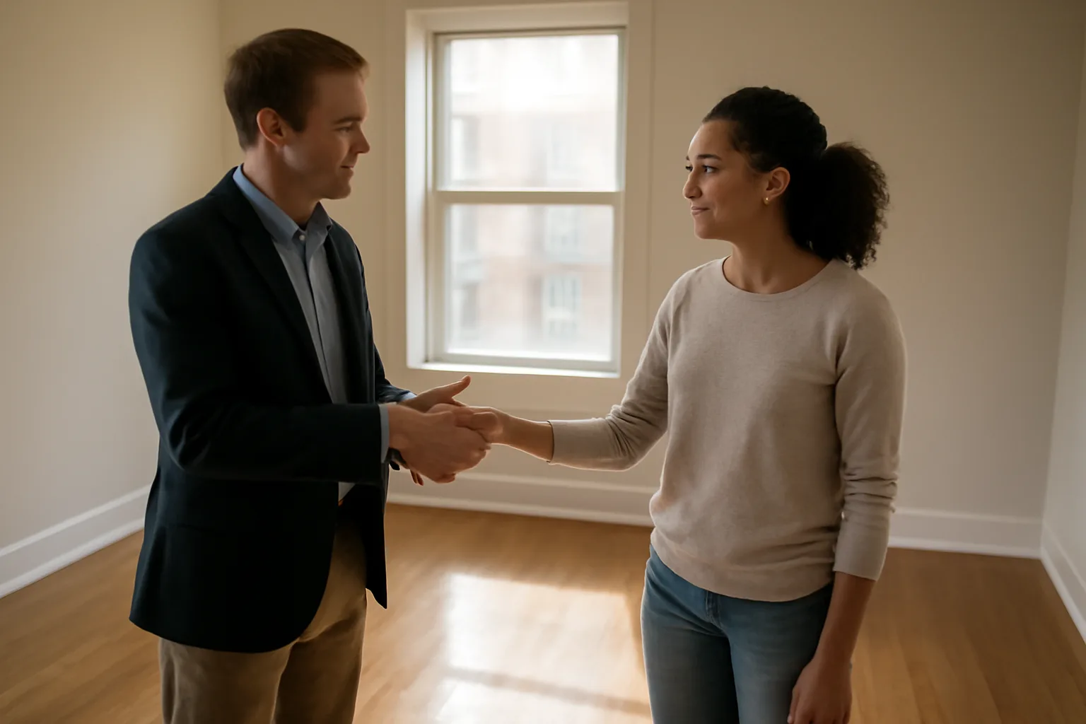Landlord and tenant exchanging a handshake after a security deposit payment in an empty apartment