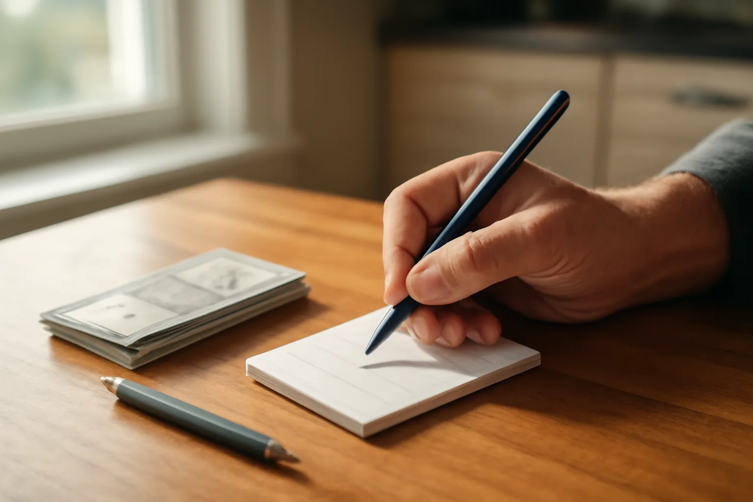 Landlord handwriting a rent receipt at a table with cash nearby