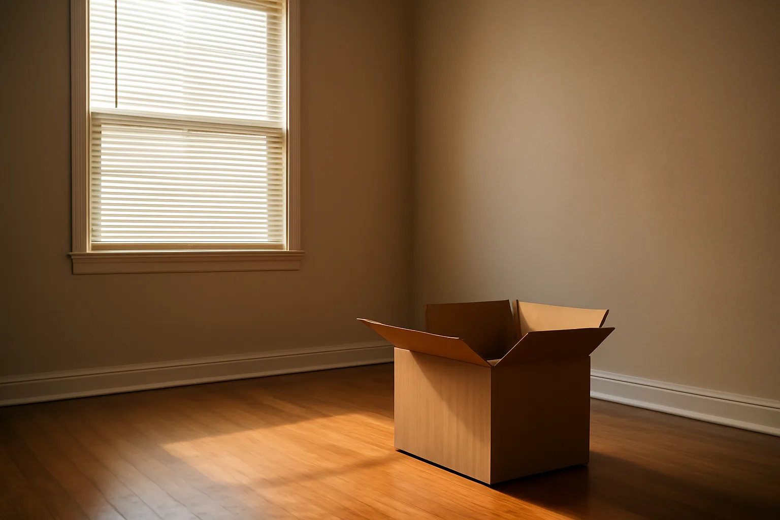 Sunlight through plain blinds in an empty rental apartment window