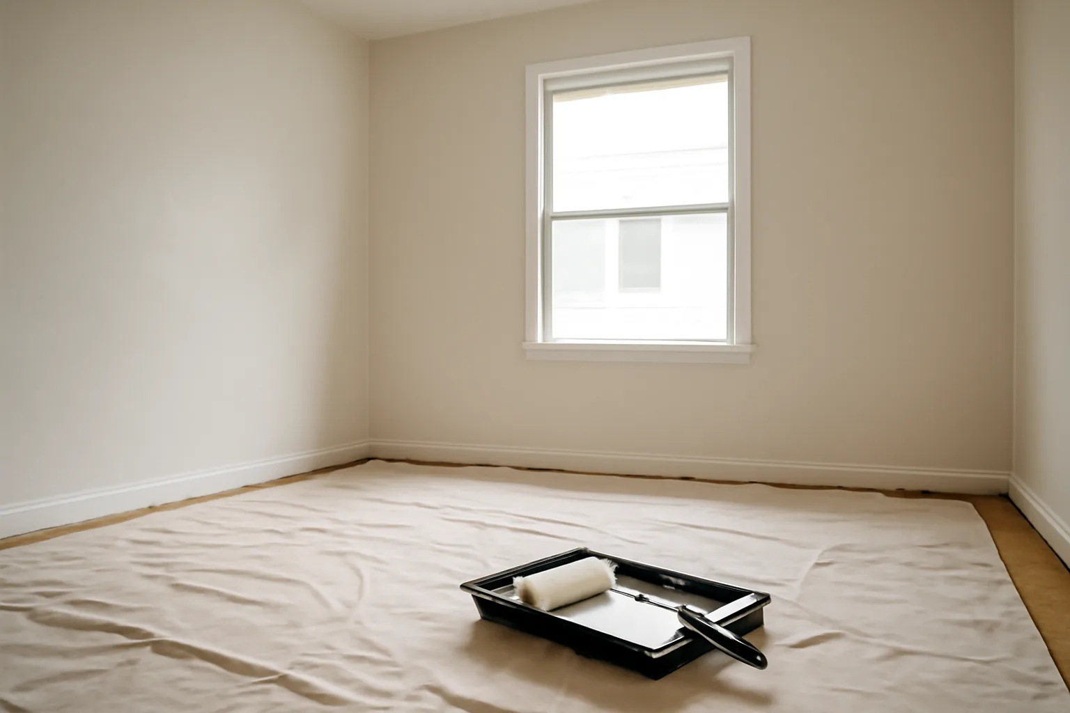 Empty apartment room mid-repaint with roller and drop cloth on the floor