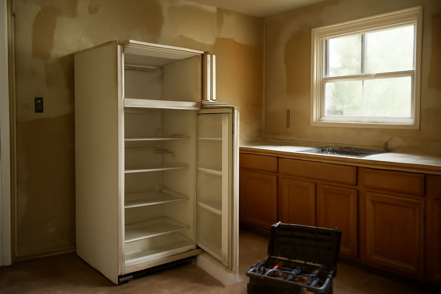 Landlord inspecting an older kitchen refrigerator during a rental unit repair