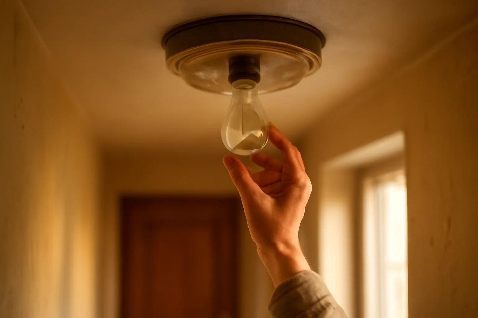 landlord replacing a light bulb in an apartment hallway ceiling fixture
