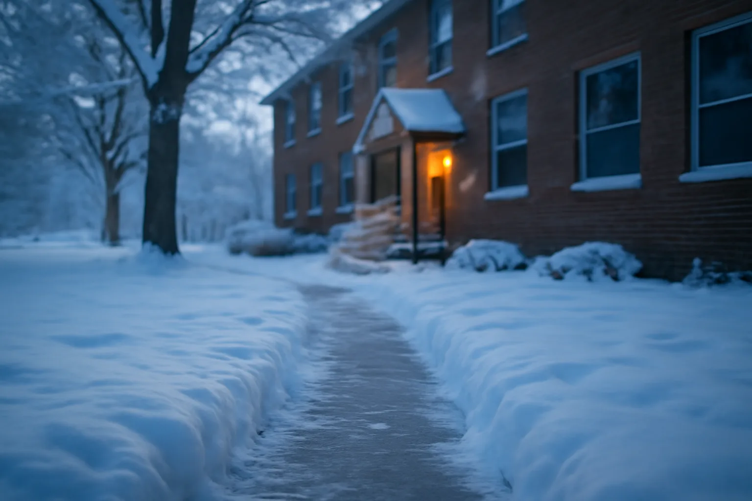 Snow-covered sidewalk with a shoveled path in front of a rental apartment building