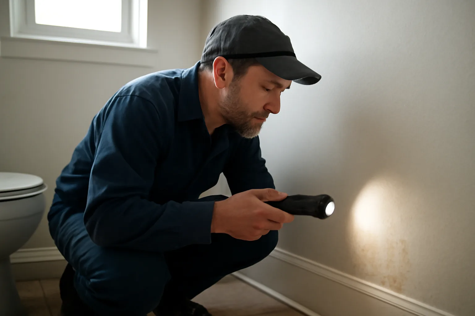 Landlord inspecting a damp, discolored bathroom wall with a flashlight for signs of mold